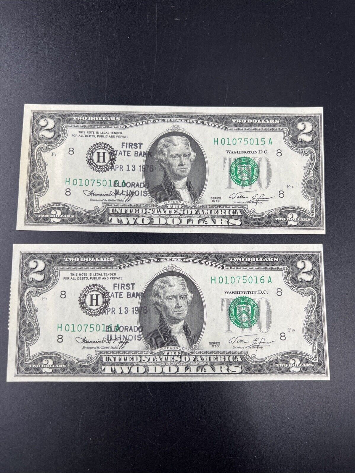 2 Consecutive 1976 $2 Two Dollar Bicentennial Postal Notes CH UNC El Dorado IL C
