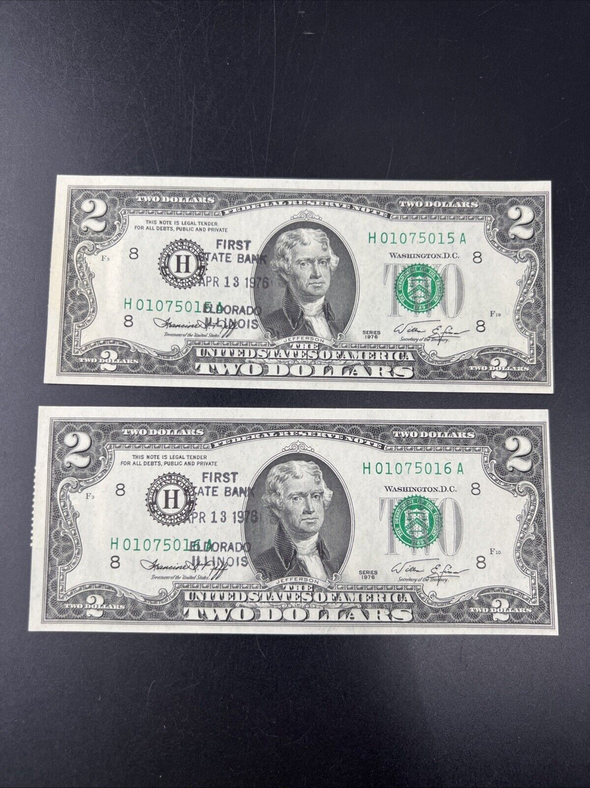 2 Consecutive 1976 $2 Two Dollar Bicentennial Postal Notes CH UNC El Dorado IL C