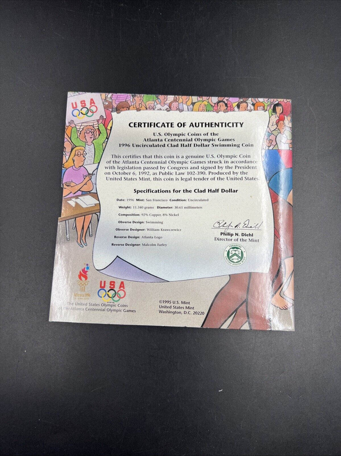 1996 Swimming Swimmer Coin Atlanta Half Dollar Young Collector’s Edition OGP