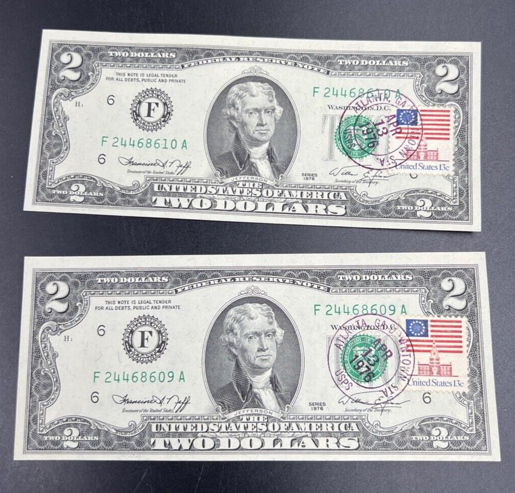 2 Consecutive 1976 FRN Two Dollar Federal Reserve Postal Notes UNC Atlanta GA #9