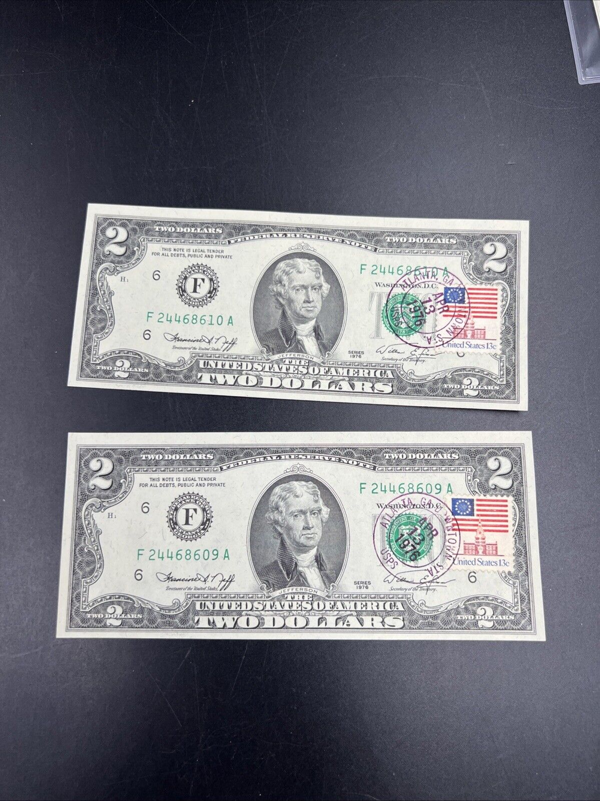 2 Consecutive 1976 FRN Two Dollar Federal Reserve Postal Notes UNC Atlanta GA #9