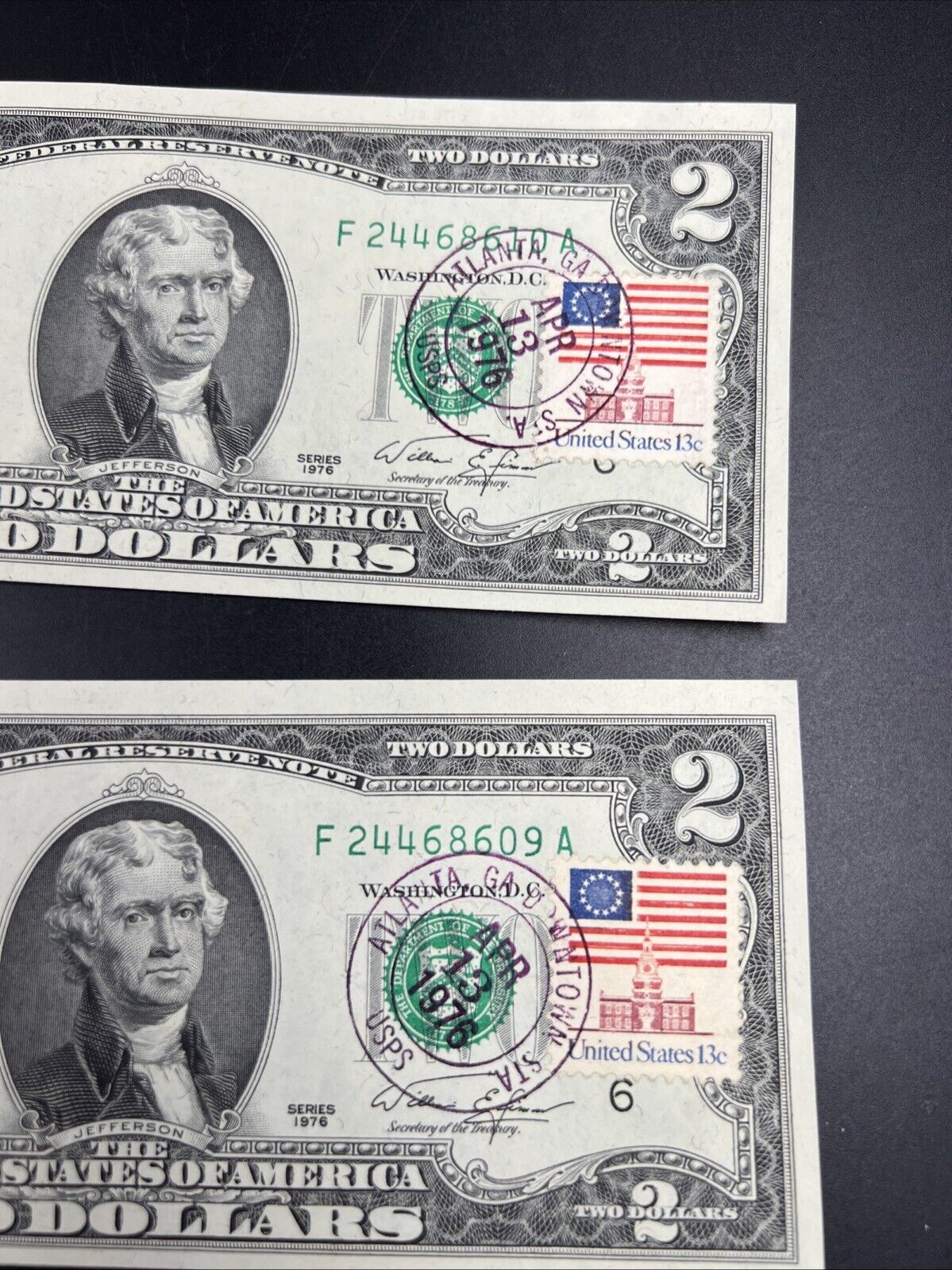 2 Consecutive 1976 FRN Two Dollar Federal Reserve Postal Notes UNC Atlanta GA #9
