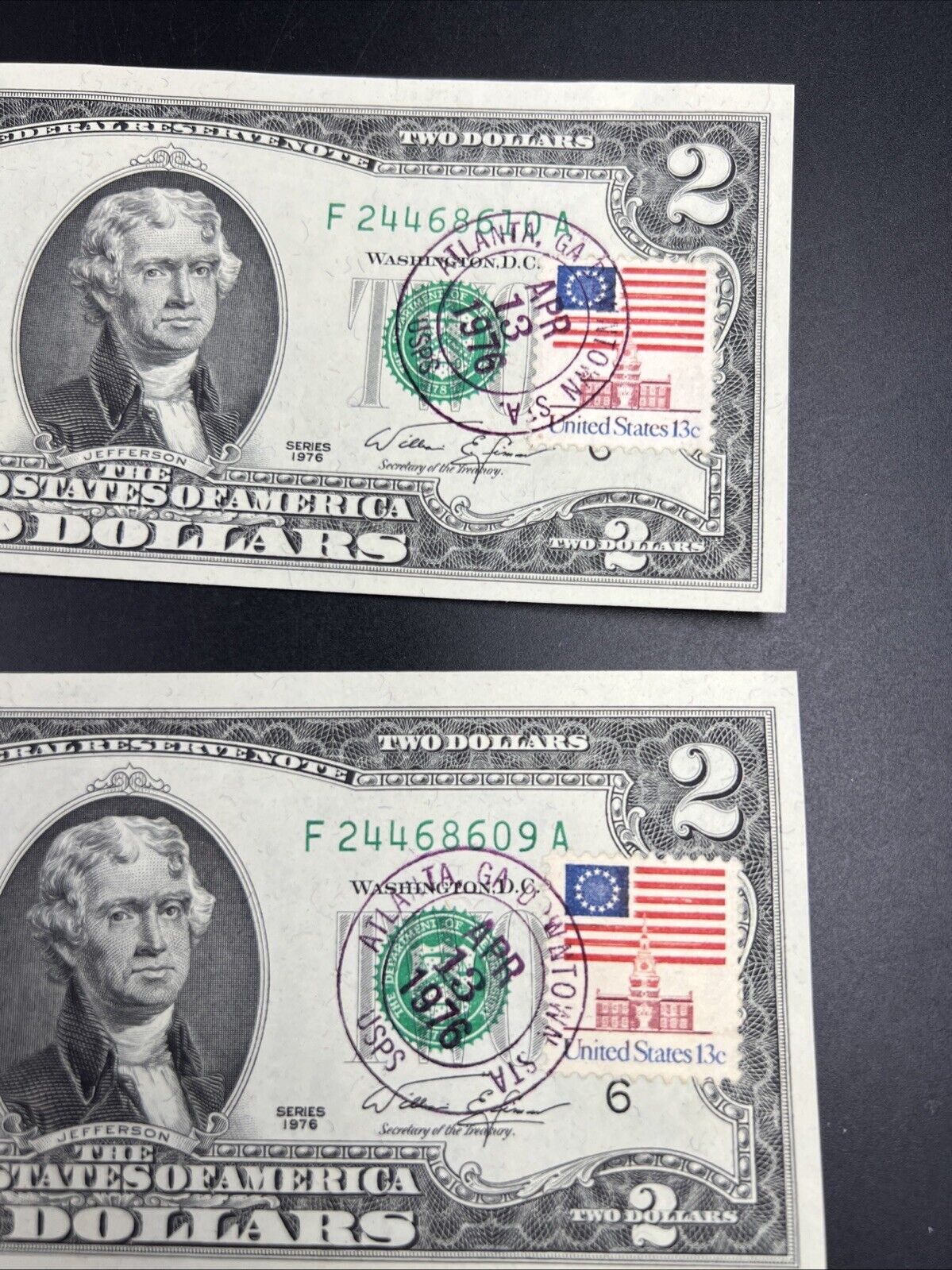 2 Consecutive 1976 FRN Two Dollar Federal Reserve Postal Notes UNC Atlanta GA #9
