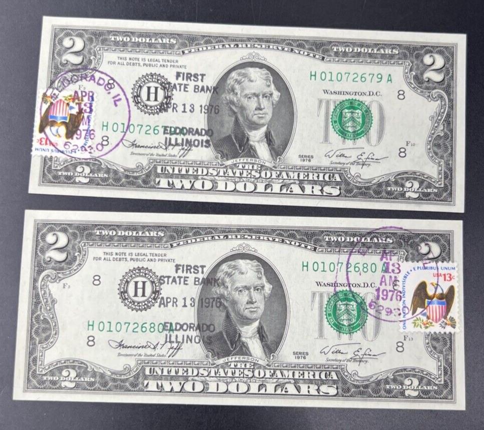 2 Consecutive 1976 $2 Bicentennial Two Dollar Postal Bills CH UNC El Dorado IL #