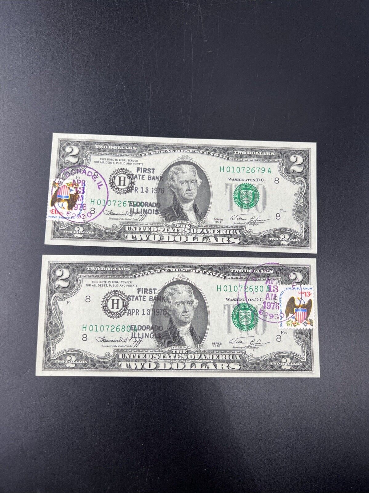 2 Consecutive 1976 $2 Bicentennial Two Dollar Postal Bills CH UNC El Dorado IL #