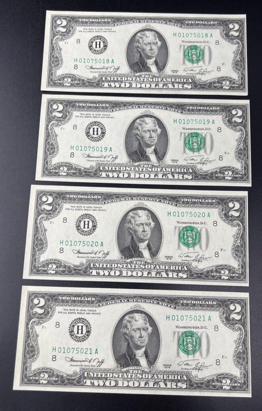 4 Consecutive 1976 $2 Two Dollar Bicentennial Federal Reserve Notes CH UNC #21