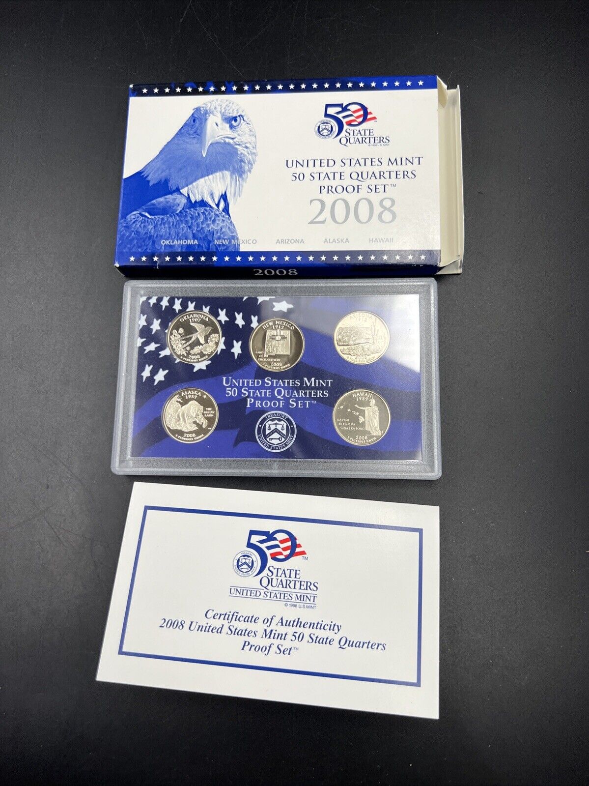 2008 S US Mint Statehood Quarter Proof CLAD 5 Coin Set Box COA OGP
