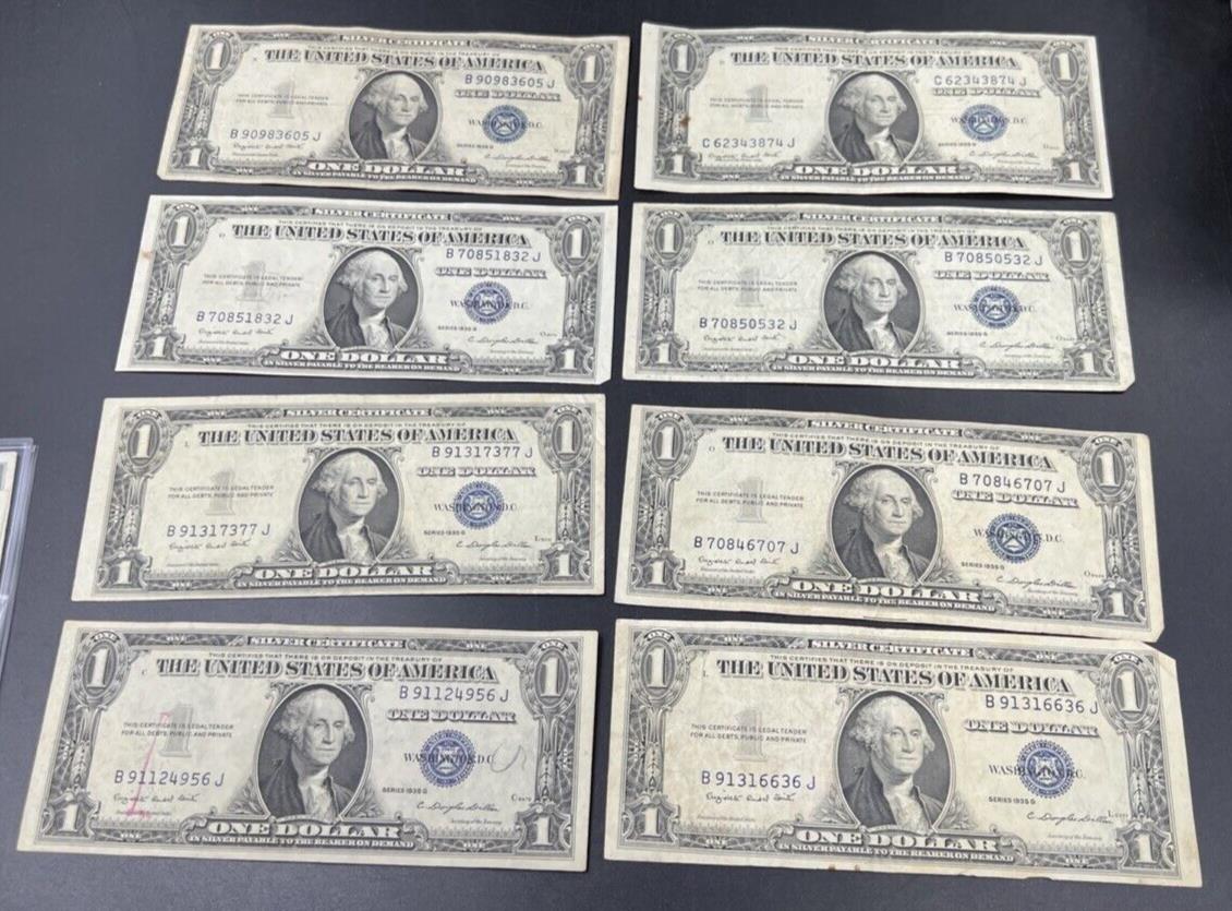 Lot of 8 1935 G $1 One Dollar Blue Seal Silver Certificate Fine + Circ #956