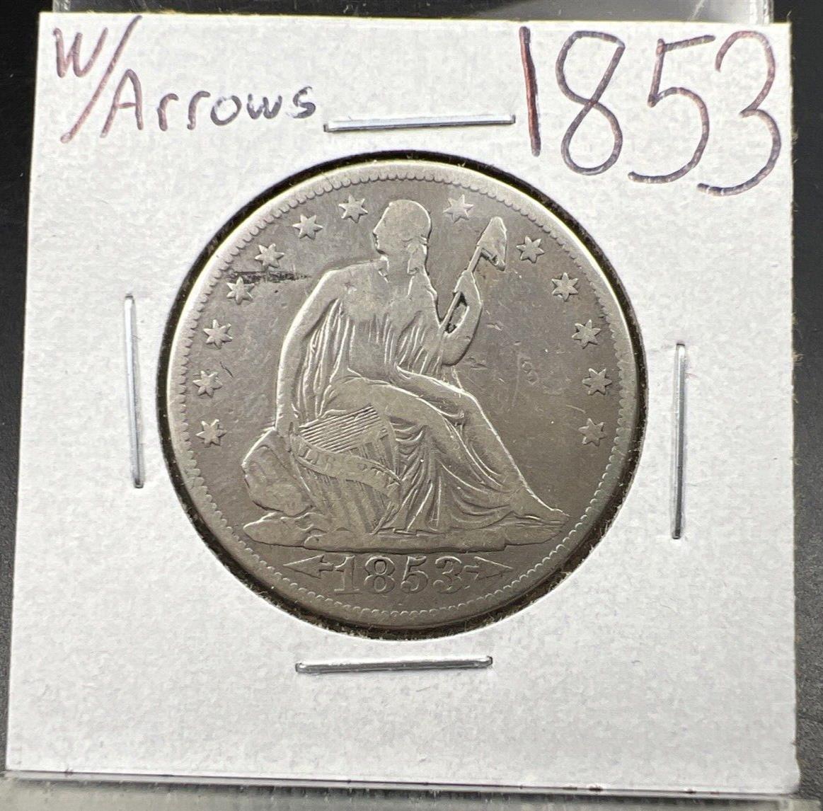 1853 50c Liberty Seated Silver Half Dollar Coin Fine Details