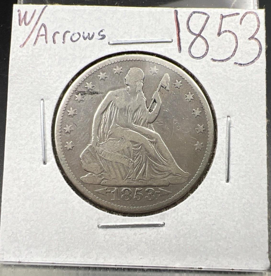 1853 50c Liberty Seated Silver Half Dollar Coin Fine Details