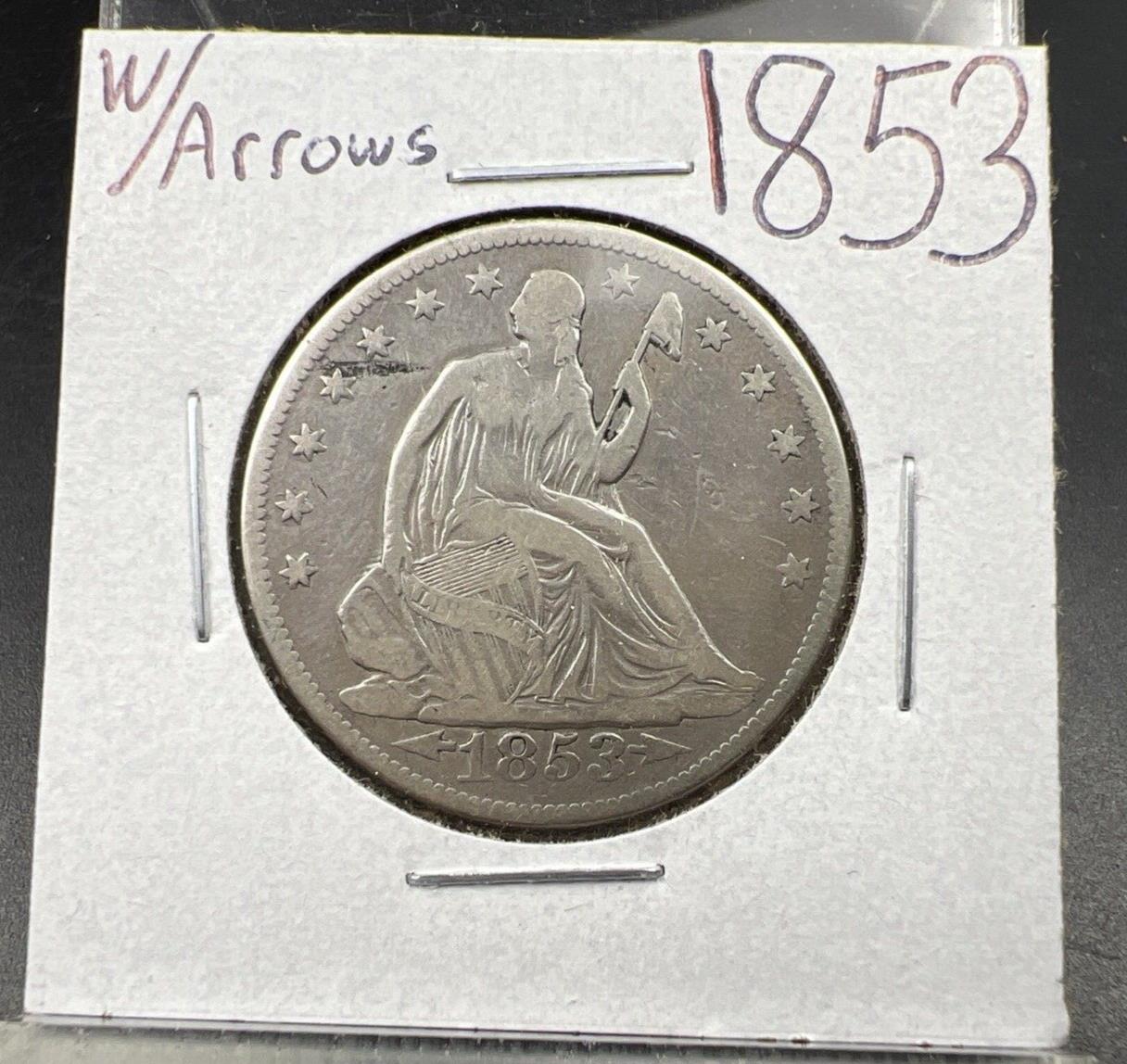 1853 50c Liberty Seated Silver Half Dollar Coin Fine Details