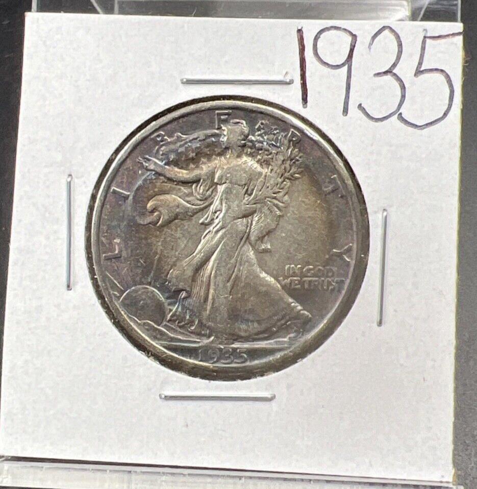 1935 P Walking Liberty Silver Half Dollar Coin VF / XF PQ Original Blue Toning
