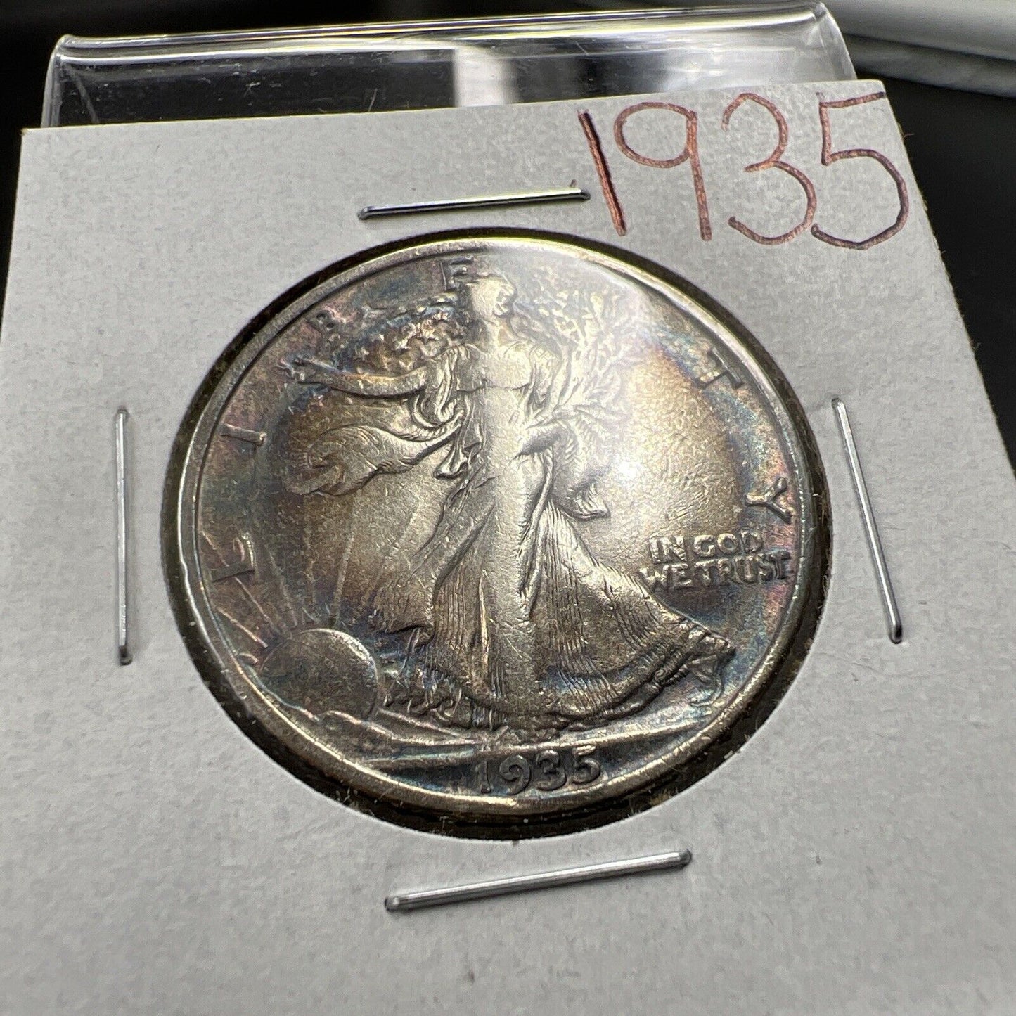 1935 P Walking Liberty Silver Half Dollar Coin VF / XF PQ Original Blue Toning
