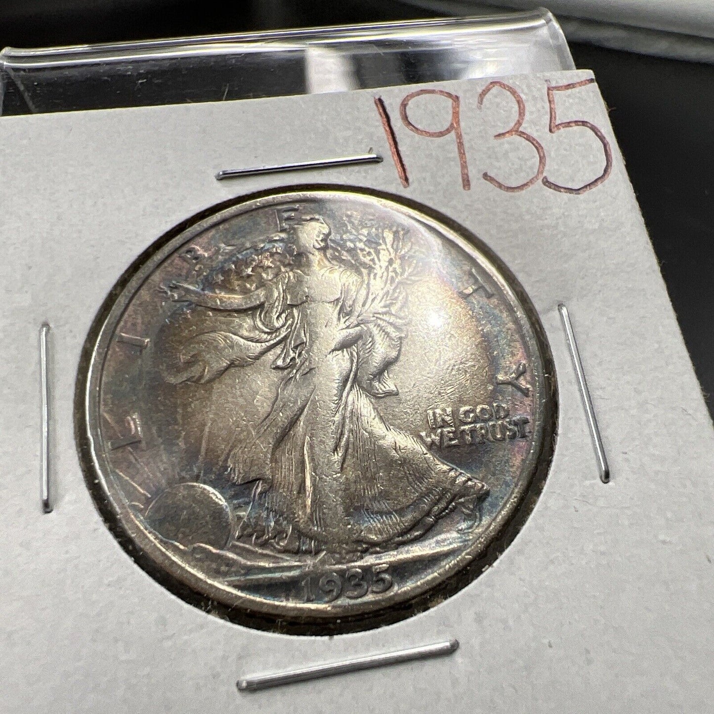 1935 P Walking Liberty Silver Half Dollar Coin VF / XF PQ Original Blue Toning