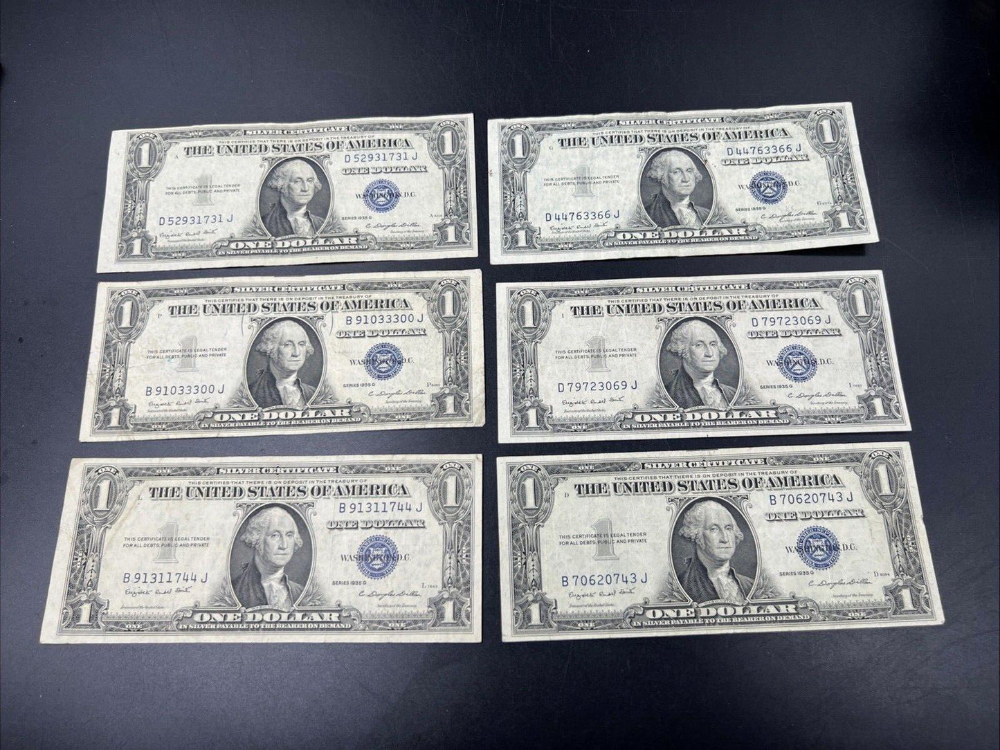 Lot of 6 1935 G $1 One Dollar Blue Seal Silver Certificates Fine / VF #744