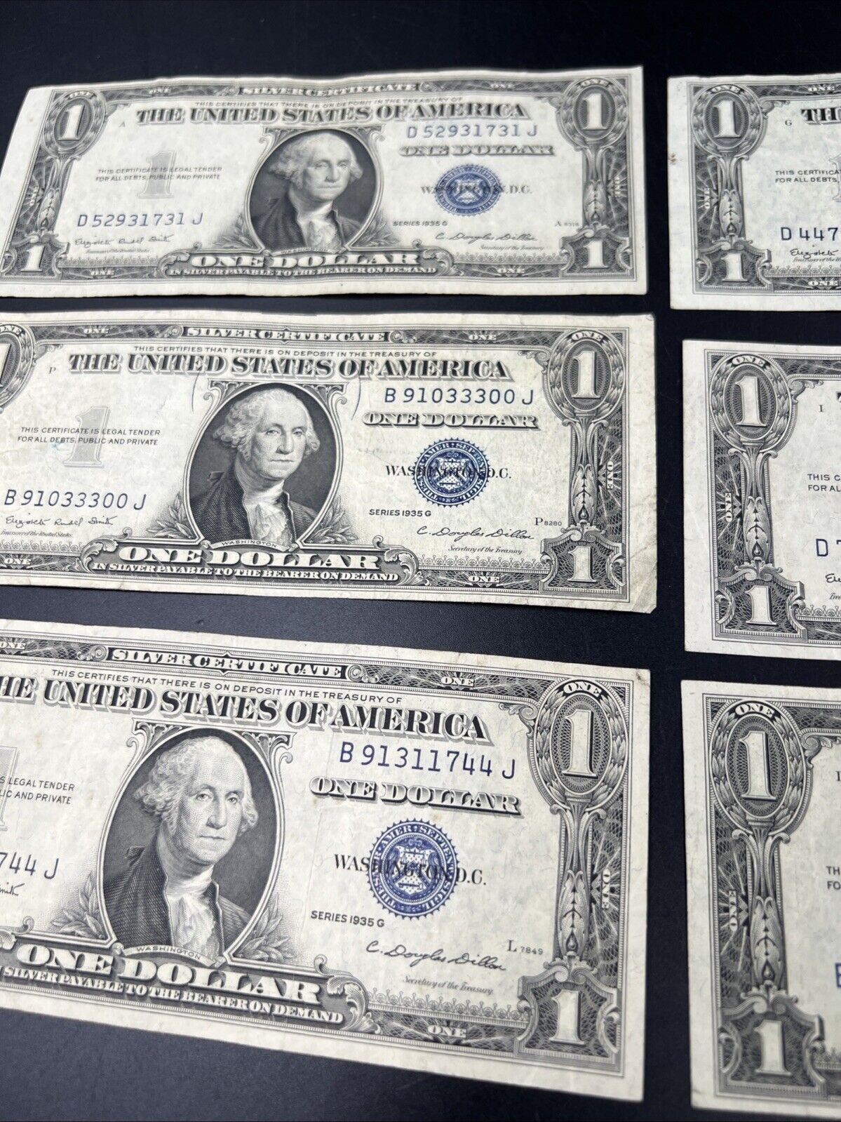 Lot of 6 1935 G $1 One Dollar Blue Seal Silver Certificates Fine / VF #744