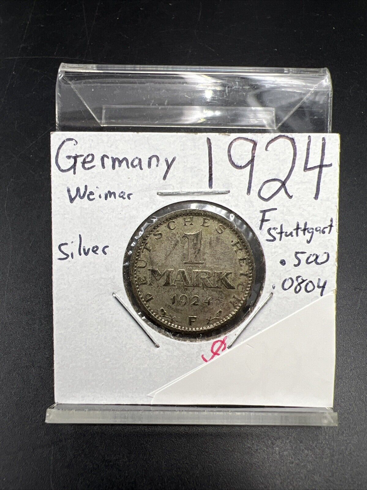 1924 F Weimar Germany 1 Mark Silver Coin VF Very Fine Circulated