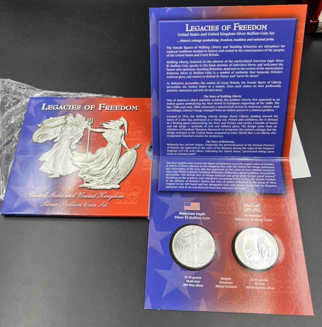 2003 2002 Legacies Of Freedom US ASE 1 oz Silver Eagle UK Britannia Coin SET OGP