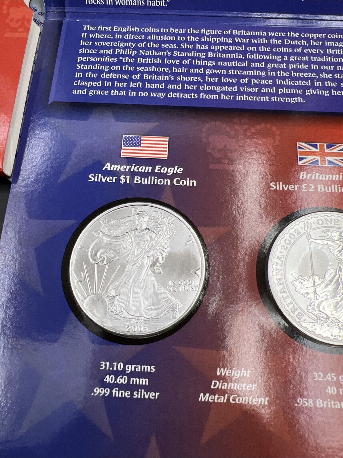 2003 2002 Legacies Of Freedom US ASE 1 oz Silver Eagle UK Britannia Coin SET OGP