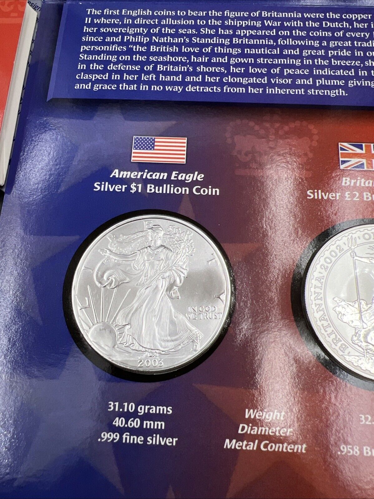 2003 2002 Legacies Of Freedom US ASE 1 oz Silver Eagle UK Britannia Coin SET OGP