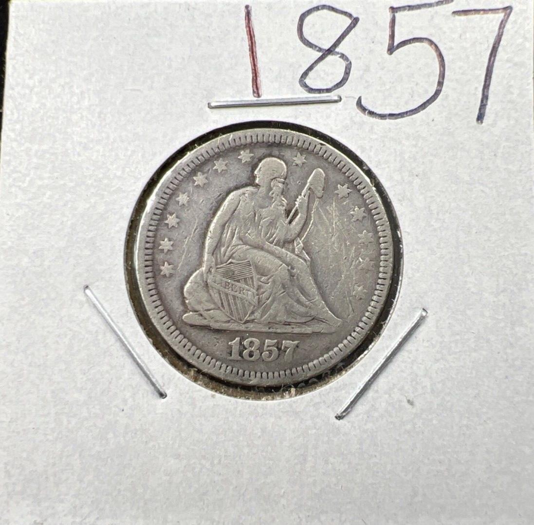 1857 25c Liberty Seated Quarter Silver Coin Fine Details Graffiti