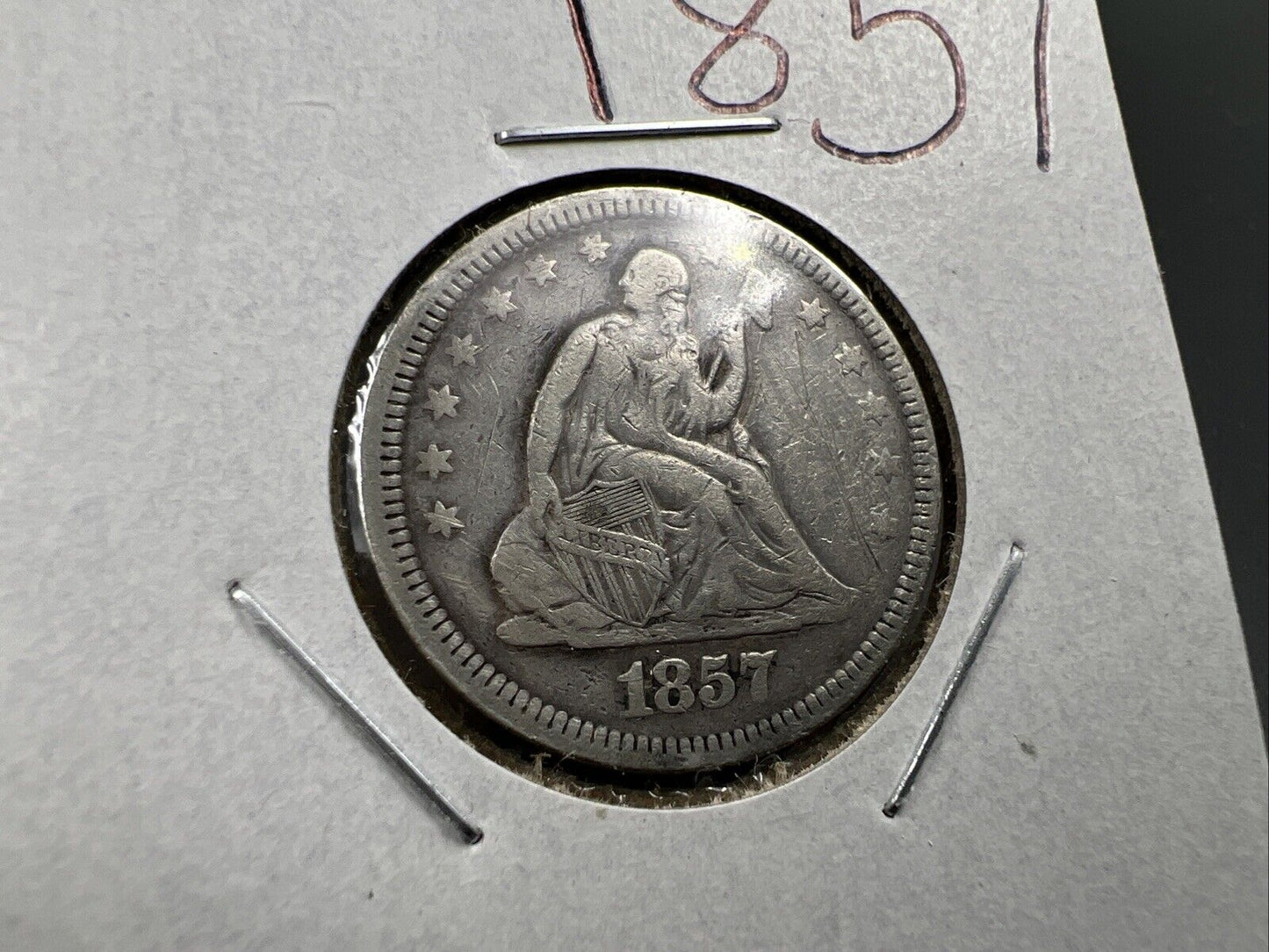1857 25c Liberty Seated Quarter Silver Coin Fine Details Graffiti