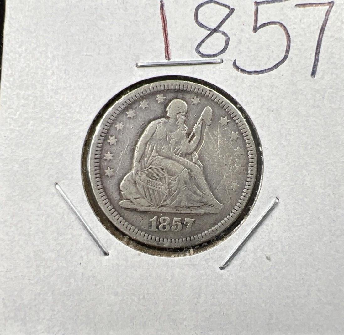 1857 25c Liberty Seated Quarter Silver Coin Fine Details Graffiti