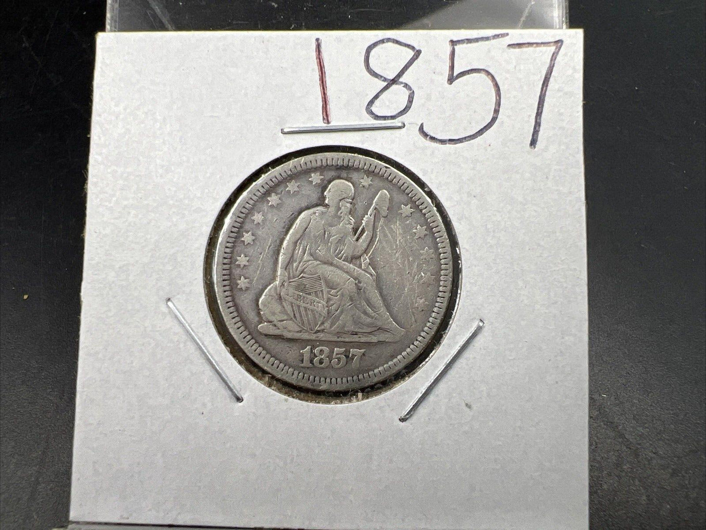 1857 25c Liberty Seated Quarter Silver Coin Fine Details Graffiti