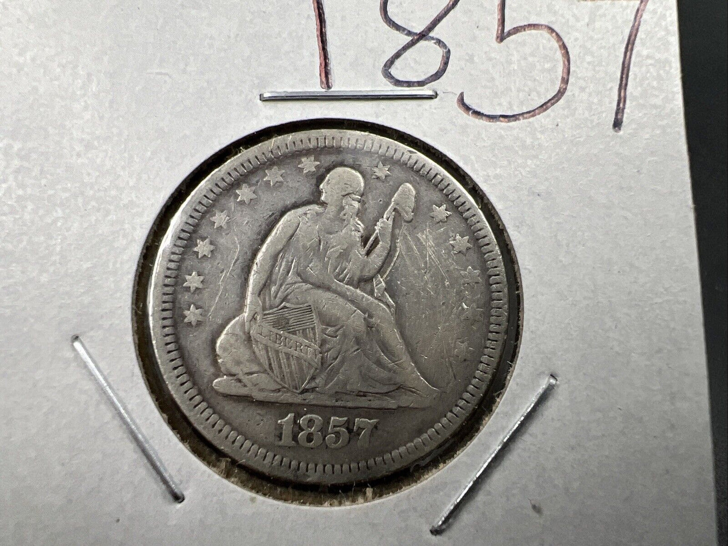 1857 25c Liberty Seated Quarter Silver Coin Fine Details Graffiti