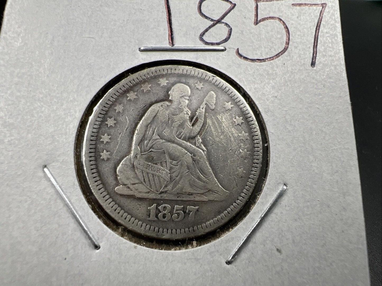 1857 25c Liberty Seated Quarter Silver Coin Fine Details Graffiti