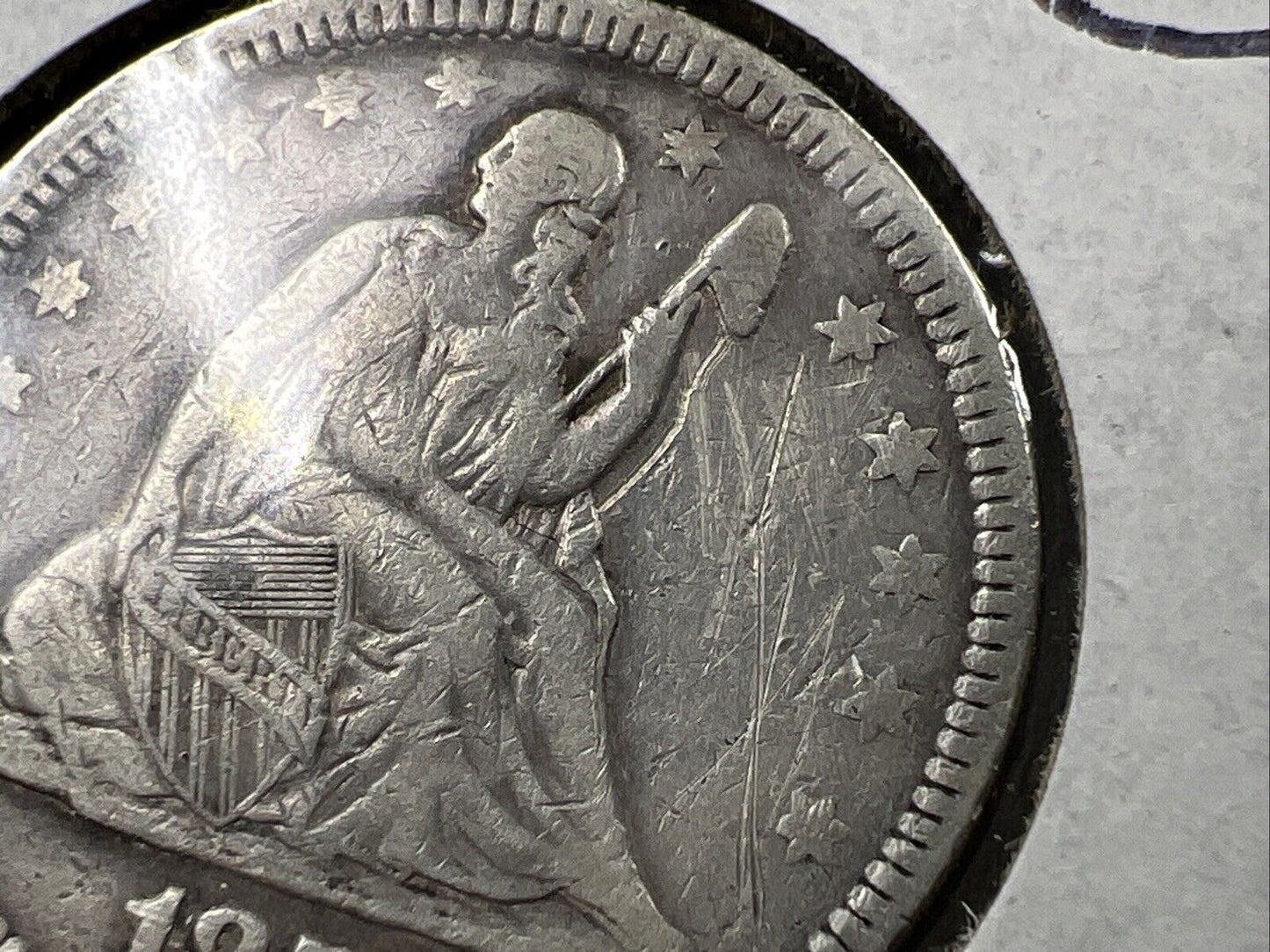 1857 25c Liberty Seated Quarter Silver Coin Fine Details Graffiti