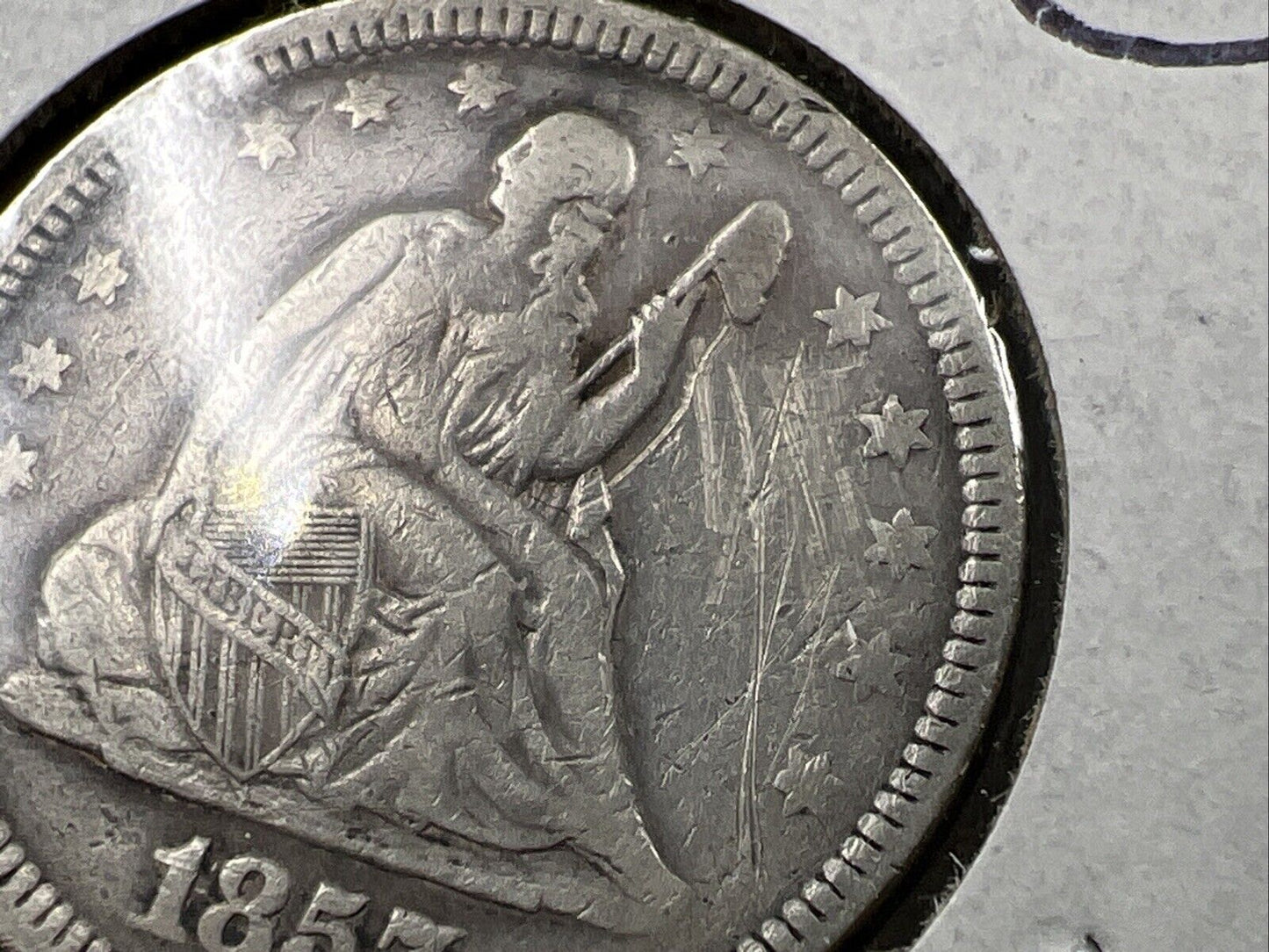 1857 25c Liberty Seated Quarter Silver Coin Fine Details Graffiti