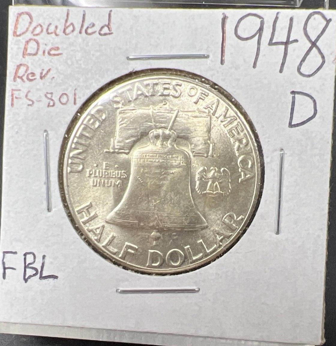 1948 D Franklin Silver Half Dollar Coin BU FBL UNC FS-801 DDR Double Die Reverse