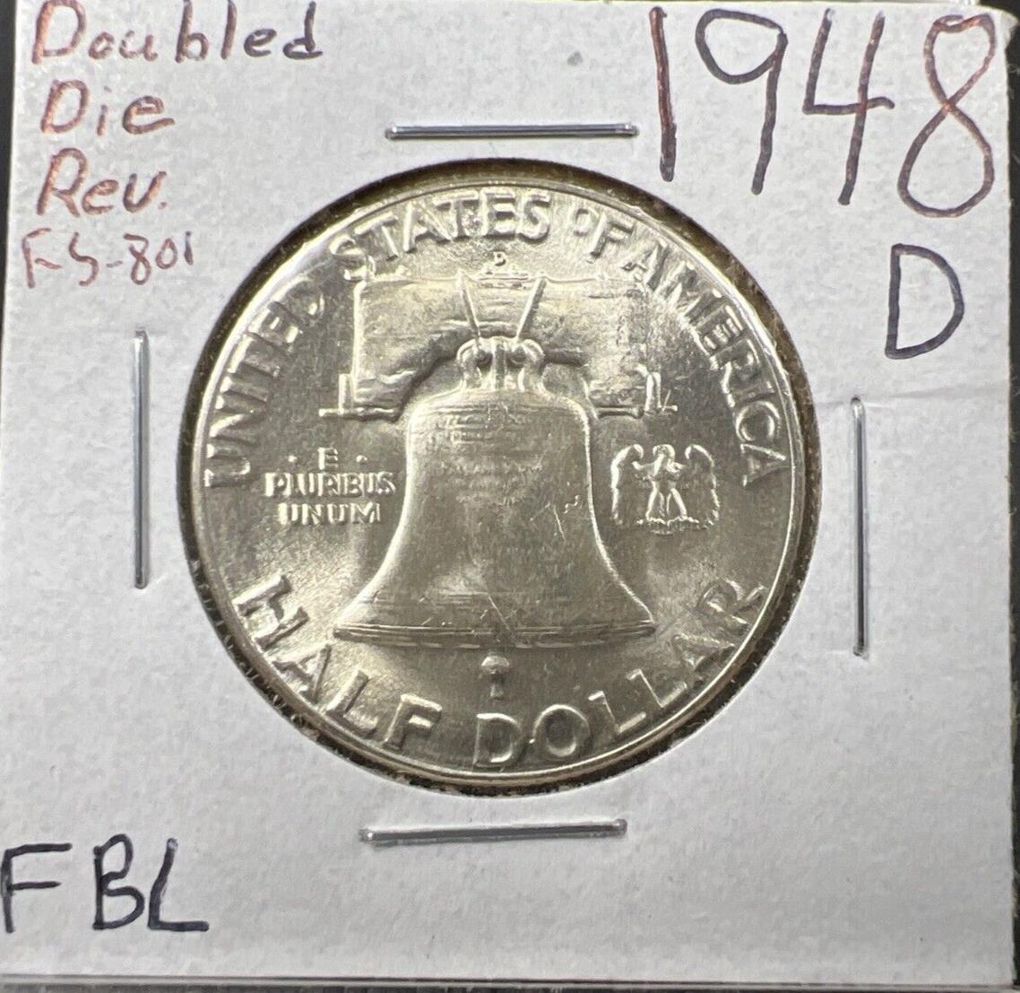 1948 D Franklin Half Dollar Coin Choice BU FBL UNC FS-801 DDR Double Die Reverse