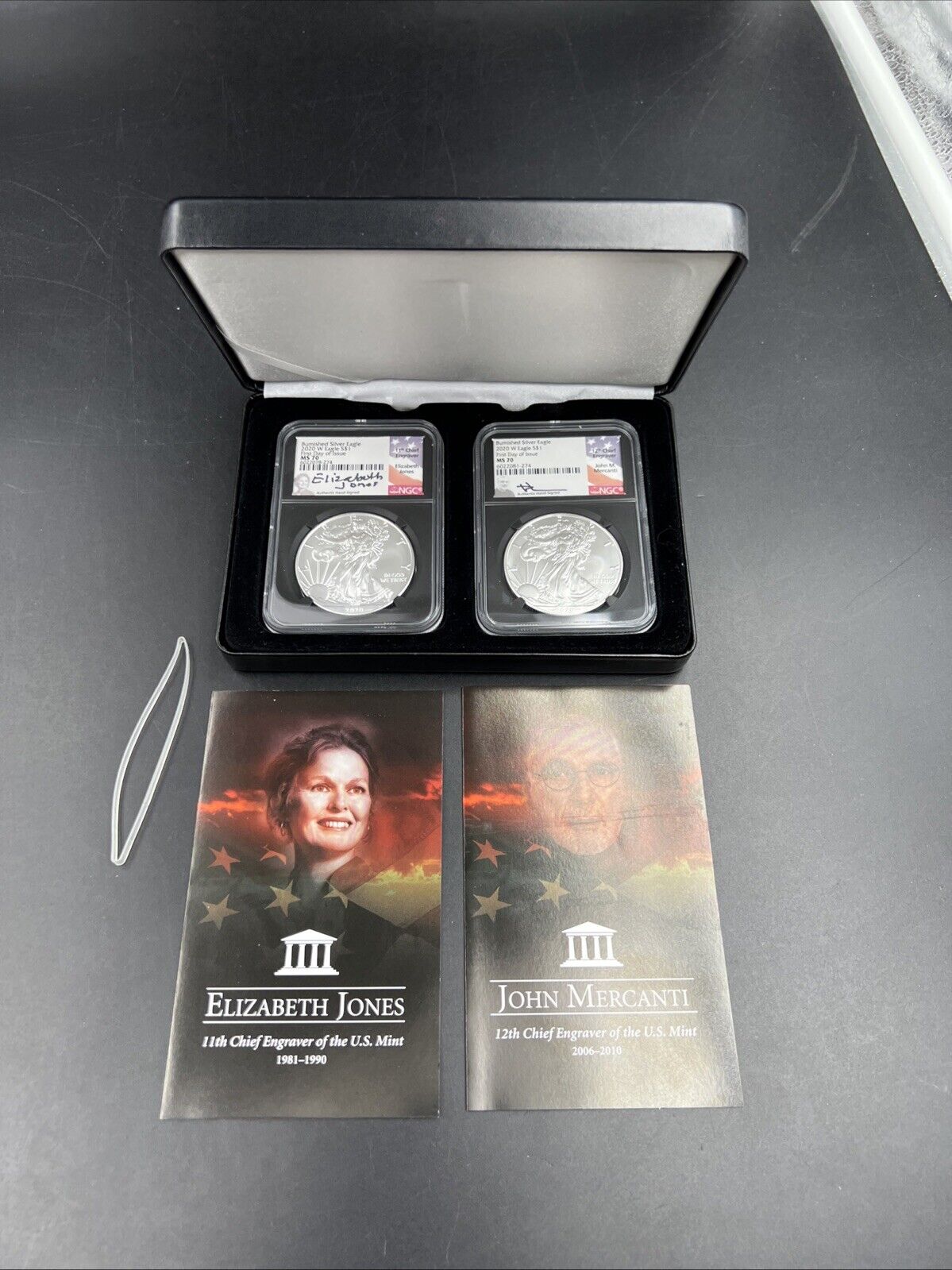 2 Coin Set Elizabth Jones John Mercanti Burnished 1 oz ASE Signature 2020 MS70