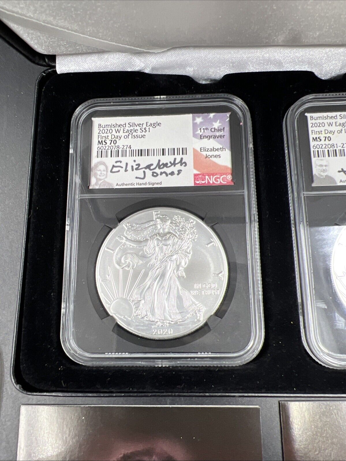 2 Coin Set Elizabth Jones John Mercanti Burnished 1 oz ASE Signature 2020 MS70