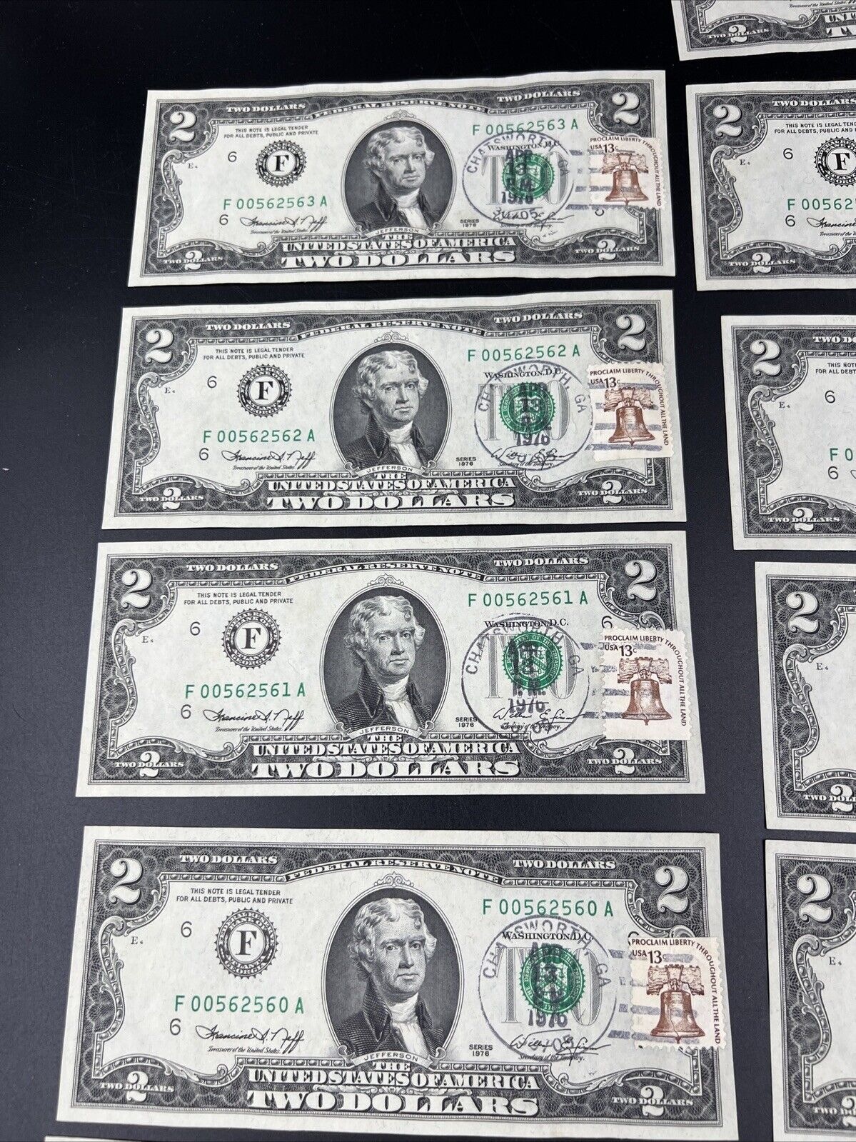 15 Consecutive 1976 $2 FRN Two Dollar Federal Reserve Postal Note CH AU/UNC