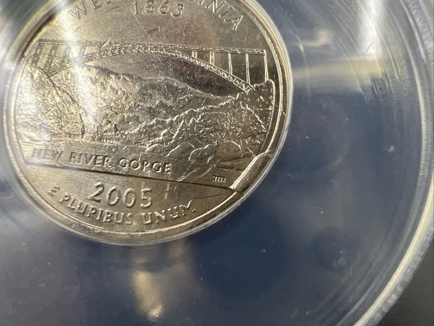 2005 West Virginia State Statehood Quarter ANACS AU58 Major Die Break Error #755