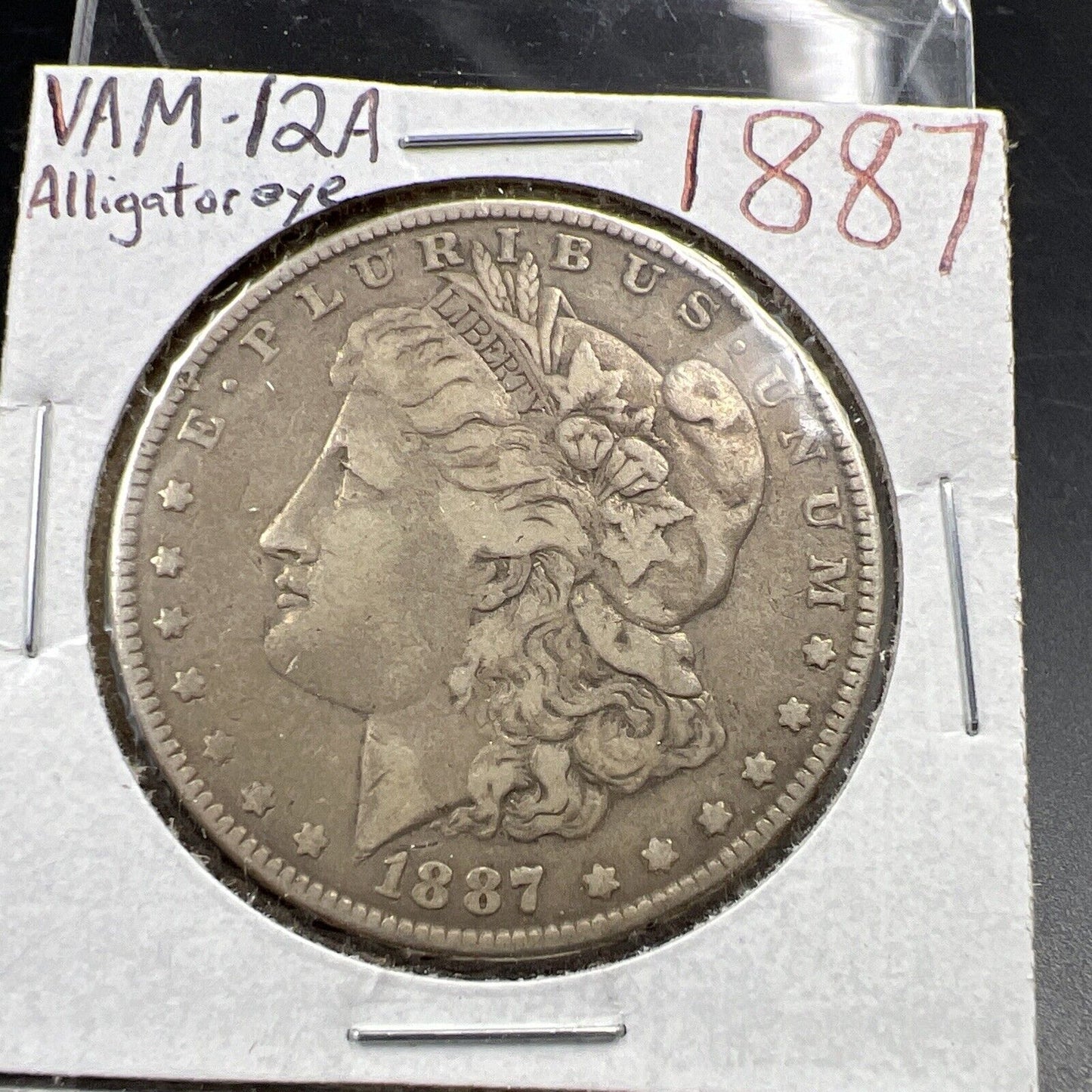 1887 P $1 Morgan Silver Dollar Coin VAM 12A Alligator Eye & Clash Variety Fine