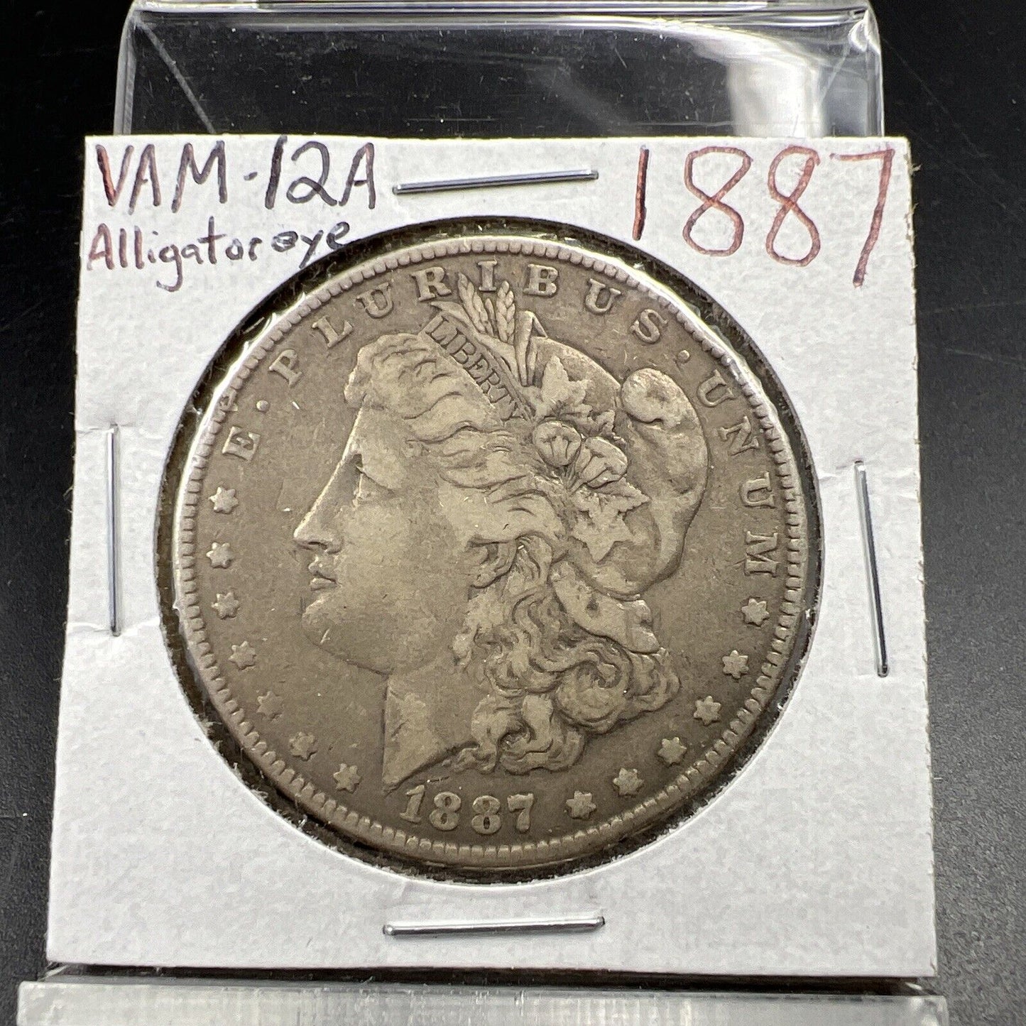 1887 P $1 Morgan Silver Dollar Coin VAM 12A Alligator Eye & Clash Variety Fine
