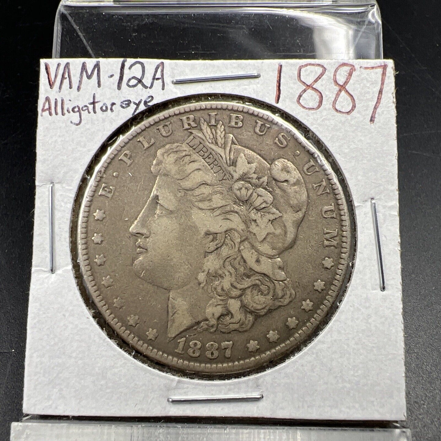 1887 P $1 Morgan Silver Dollar Coin VAM 12A Alligator Eye & Clash Variety Fine