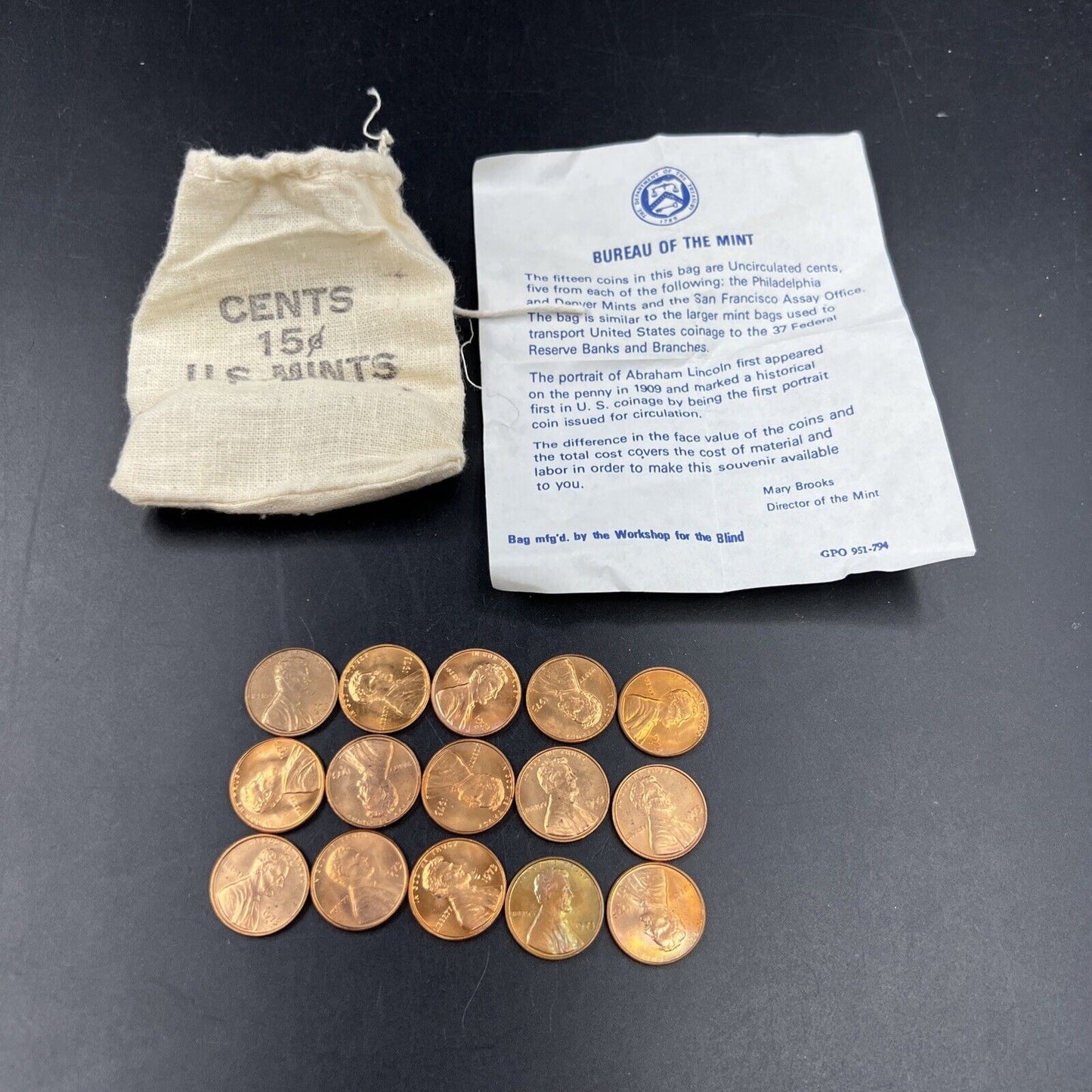 5 Sets of 1973 P D S 1c in Cloth Bag - 15 BU UNC Lincoln Memorial cent coins