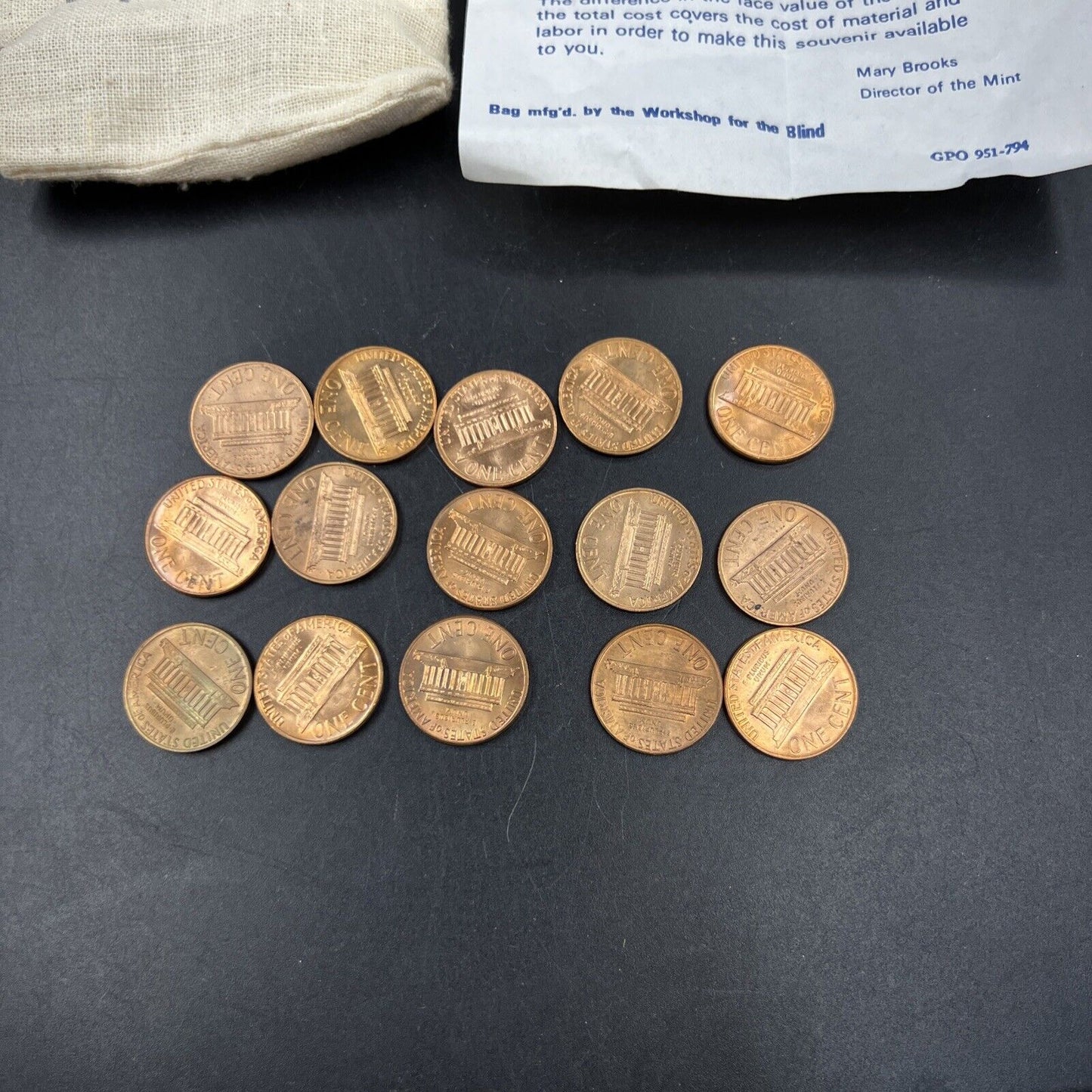 5 Sets of 1973 P D S 1c in Cloth Bag - 15 BU UNC Lincoln Memorial cent coins