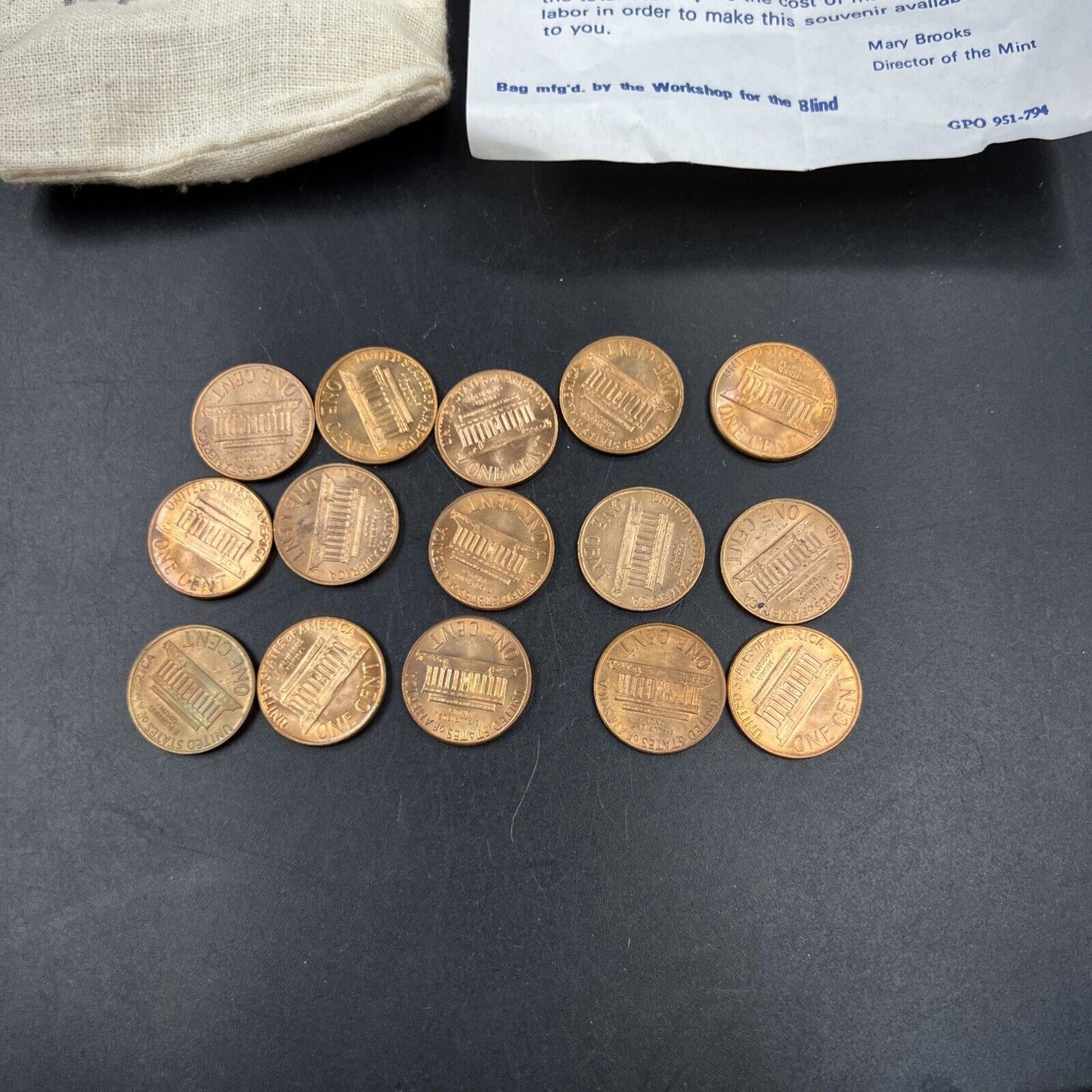 5 Sets of 1973 P D S 1c in Cloth Bag - 15 BU UNC Lincoln Memorial cent coins