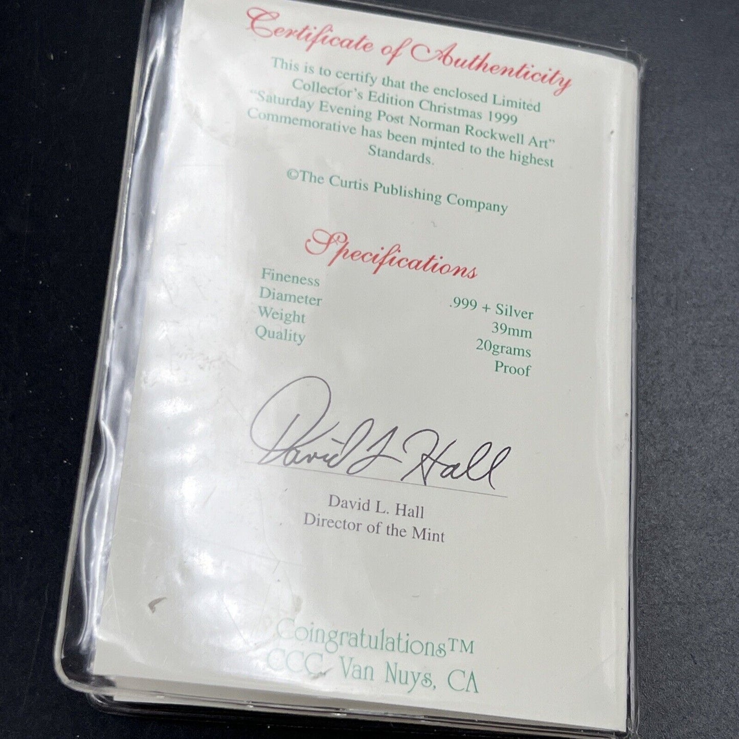 1999 Norman Rockwell Art Christmas 20 Grams .999 Fine Silver Round CH Proof