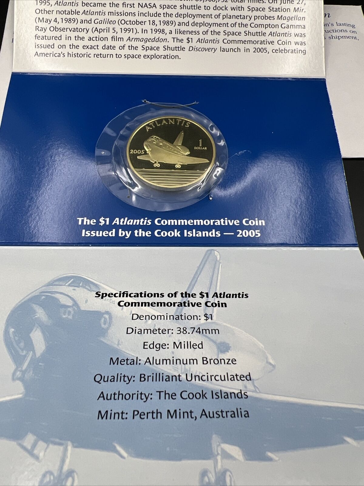 2005 Space Shuttle Atlantis Cook Islands 1 One Dollar Bronze Coin Proof Like