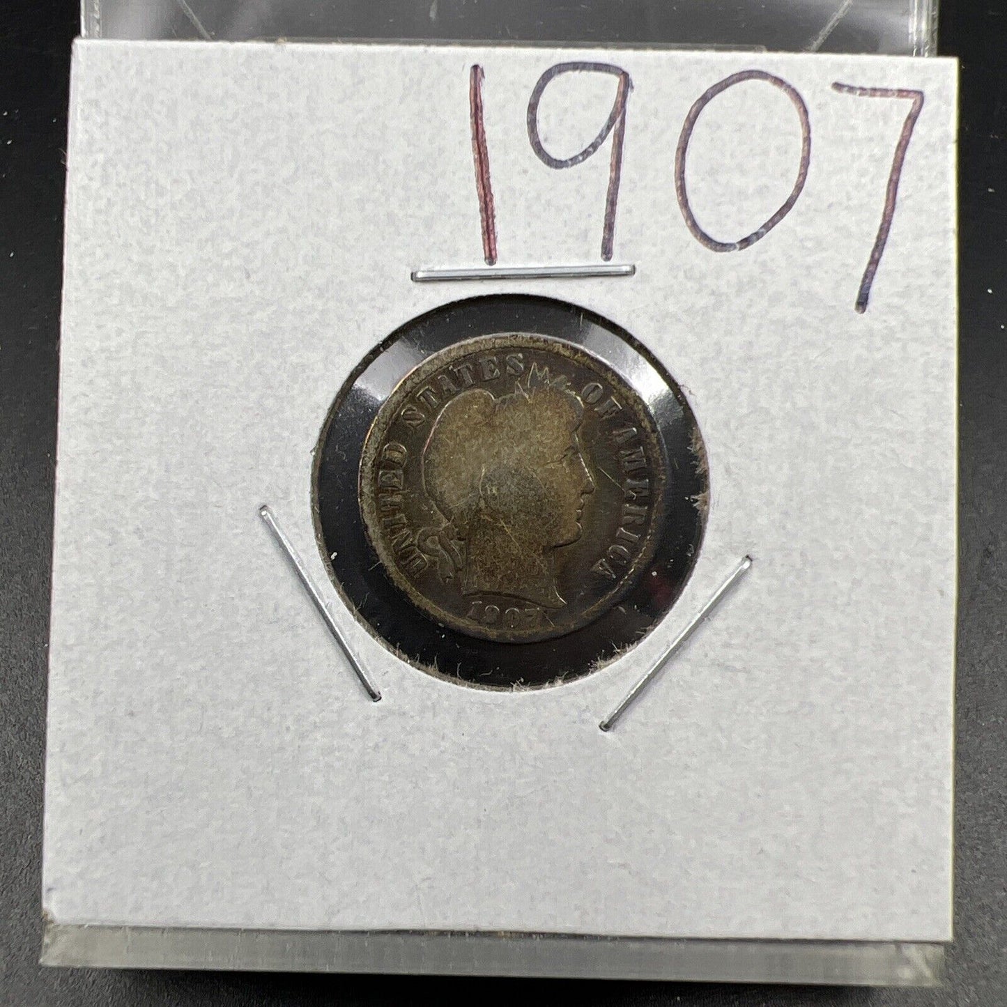 1907 P 10c Barber Silver Dime Coin VG Very Good Neat Toning Toner