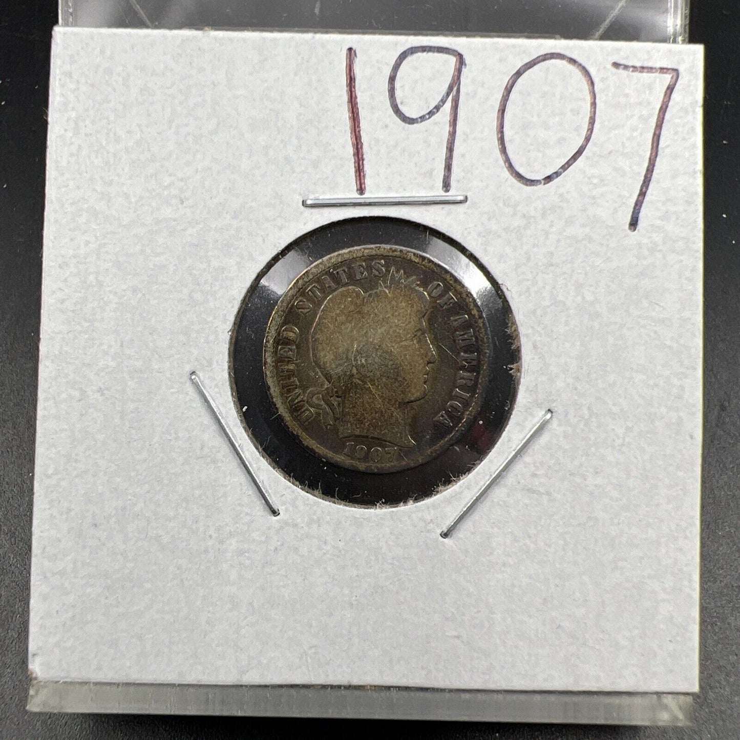1907 P 10c Barber Silver Dime Coin VG Very Good Neat Toning Toner