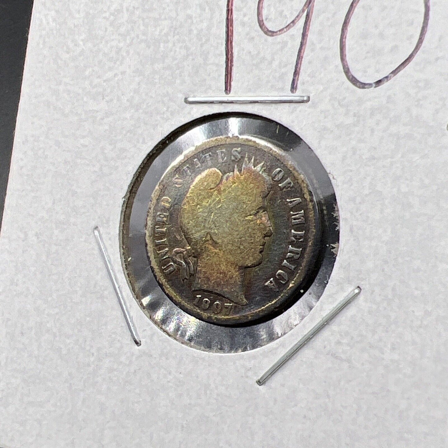 1907 P 10c Barber Silver Dime Coin VG Very Good Neat Toning Toner