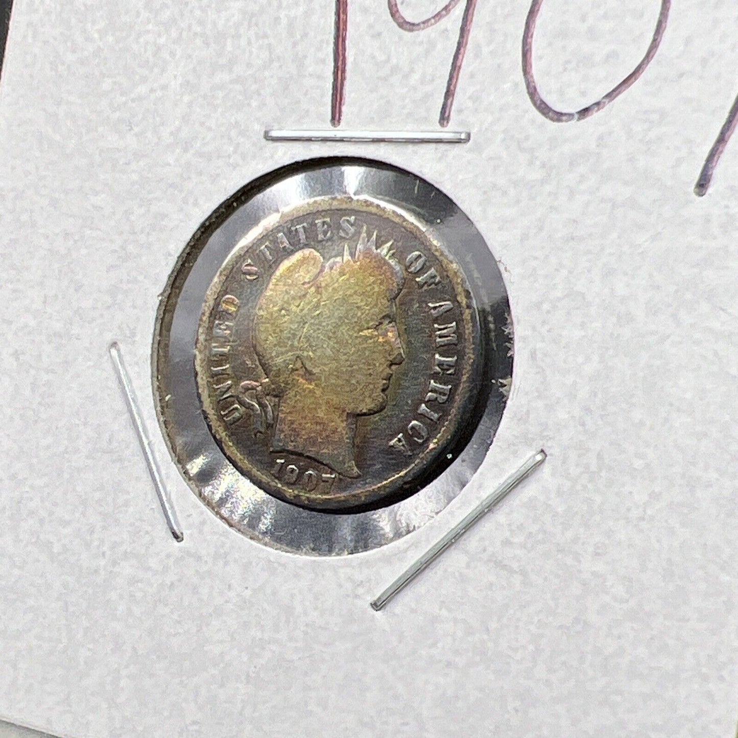 1907 P 10c Barber Silver Dime Coin VG Very Good Neat Toning Toner